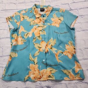 Tori Richard X Harley Davidson WOMENS L Blue Silk Hawaiian Shirt All Over Print
